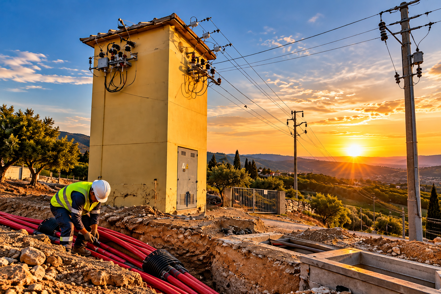 cantiere elettrico al tramonto